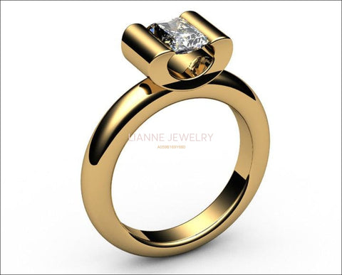 Solitaire Radiant Tension Ring 18K Gold Diamond Engagement ring Radiant cut Diamond Ring - Lianne Jewelry