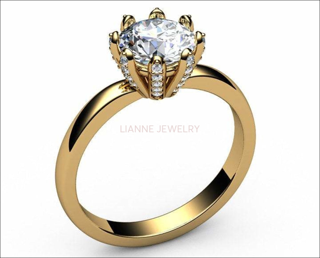 White gold Moissanite Engagement Ring, with 8 prongs, Solitaire Engagement Ring, 14K gold Ring, Diamonds on Prongs - Lianne Jewelry