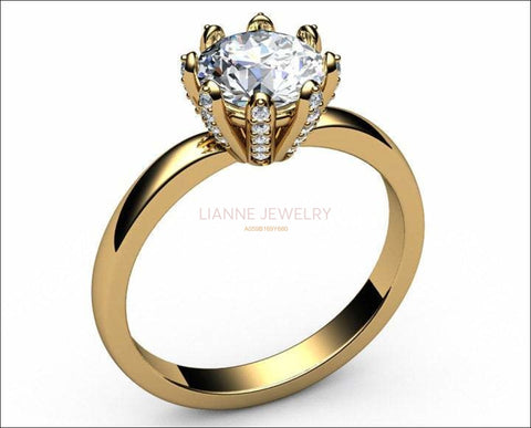 14K Solitaire Moissanite Ring, Unique Solitaire Engagement Ring, 8 prongs, Diamonds on Prongs, Wedding Ring, Ring for Bride - Lianne Jewelry