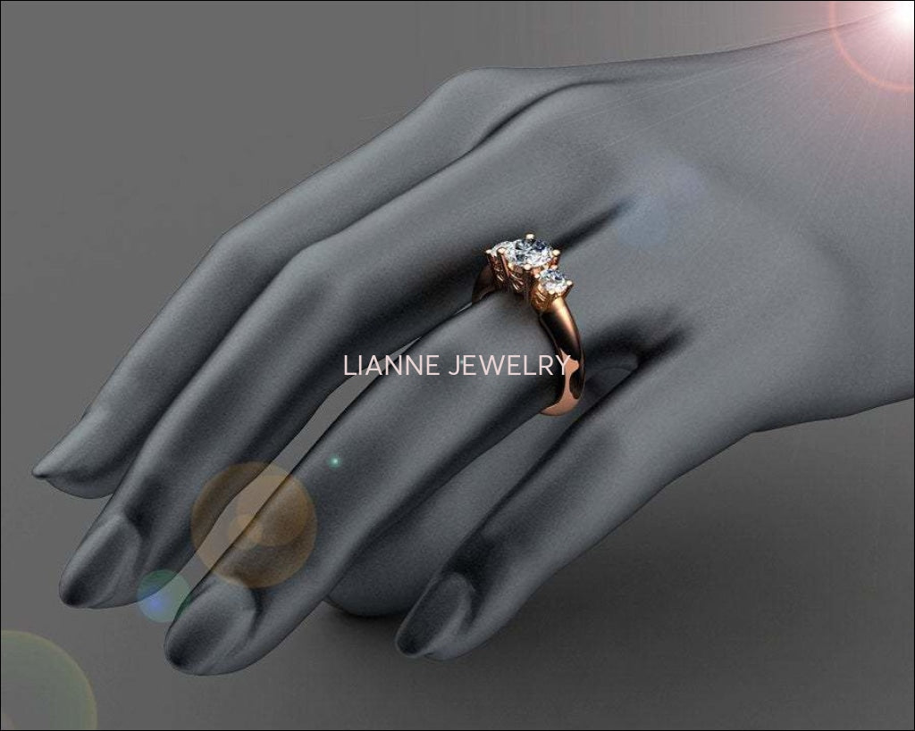 18K Heart Filigree 3 stone Engagement Ring Milgrain Ring Simulated Diamond Gold Ring - Lianne Jewelry