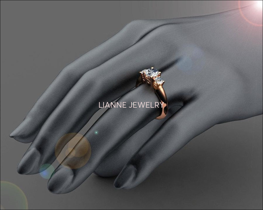 3 stone Diamond Engagement Ring, Heart Filigree Ring, 1 carat Engagement Ring, 18K Diamond Ring - Lianne Jewelry