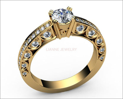 Unique One carat Engagement Diamond ring in Bella Design channel-set pavé half moon trellis crafted in 18K Yellow gold or 18K White gold - Lianne Jewelry