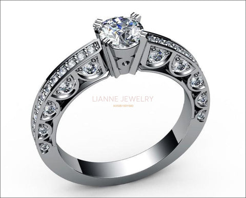 Unique One carat Engagement Diamond ring in Bella Design channel-set pavé half moon trellis crafted in 18K Yellow gold or 18K White gold - Lianne Jewelry