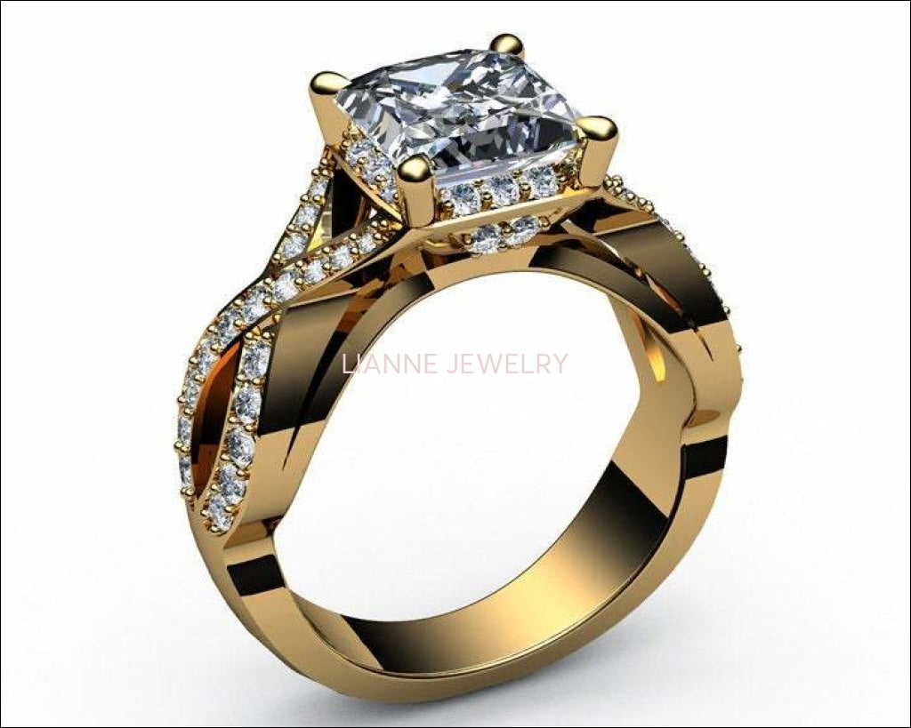 Diamond ring Gold ring Princess Cut Diamond Engagement Unique Ring Cross Pave in 18K White Gold or Yellow Gold - Lianne Jewelry