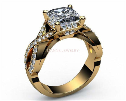 Diamond ring Gold ring Princess Cut Diamond Engagement Unique Ring Cross Pave in 18K White Gold or Yellow Gold - Lianne Jewelry