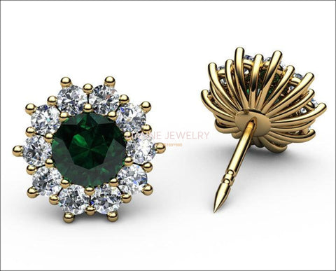 Emerald Halo Diamond Stud Earrings, Emerald surrounded with Diamonds - Lianne Jewelry