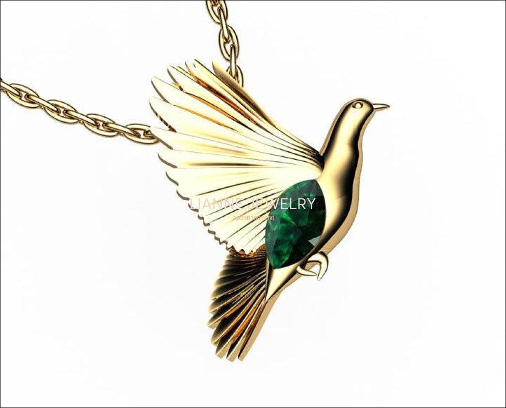 Bird Pendant Peace Pendant Gold Green Marquise Peace Dove Emerald Pendant - Lianne Jewelry