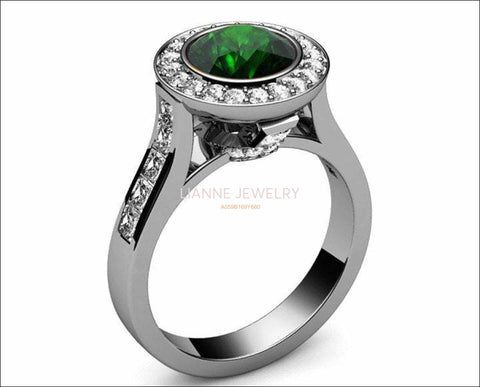 18K Halo Emerald Engagement Ring, Cathedral Ring, Channel set Ring, Unique Engagement Ring - Lianne Jewelry