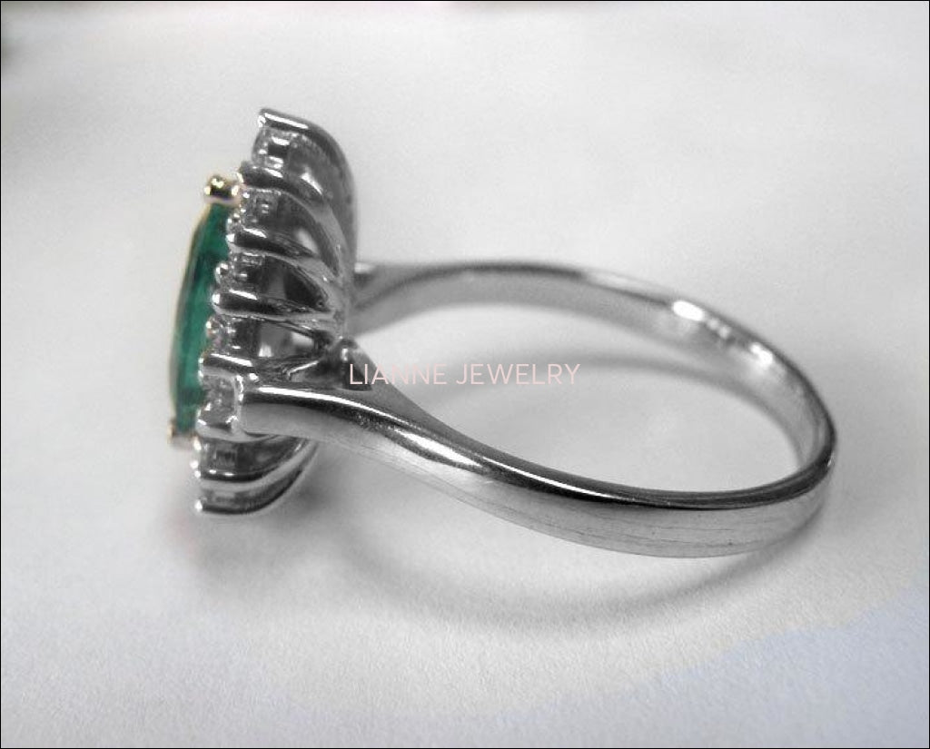 Vintage Emerald Ring Pear shape Emerald diamonds 14K White gold Frame Pave Diana ring F VS-1 Diamonds surround the Emerald May Birthstone - Lianne Jewelry