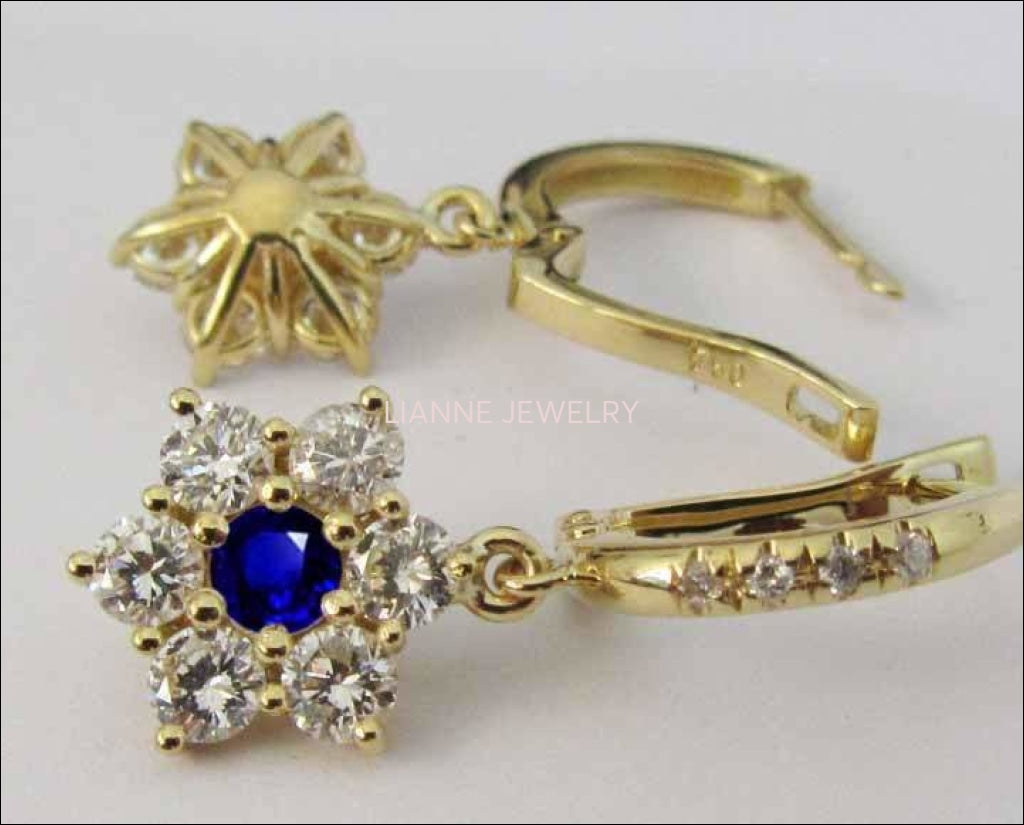 Lever back Flower Earrings Sapphire Earrings Dangle Drop Diamond Earrings Chandelier Earrings 18K Gold Flower Design Perfect Gift for Her - Lianne Jewelry